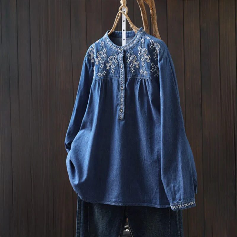Camicia da donna a maniche lunghe in denim di cotone con bottoni mezzi, ricamo floreale e geometrie Buddha Stones - Image 18