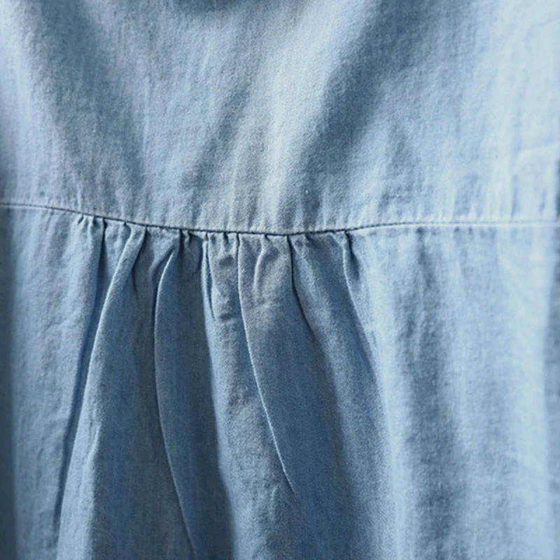 Camicia da donna a maniche lunghe in denim di cotone con bottoni mezzi, ricamo floreale e geometrie Buddha Stones - Image 8