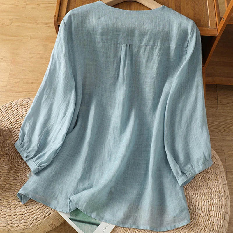 Camicia da donna con scollo a V, manica corta, monopetto, in poliestere, con bottoni e ricamo casual Buddha Stones - Image 2