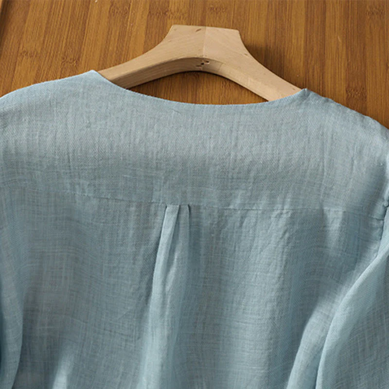 Camicia da donna con scollo a V, manica corta, monopetto, in poliestere, con bottoni e ricamo casual Buddha Stones - Image 4
