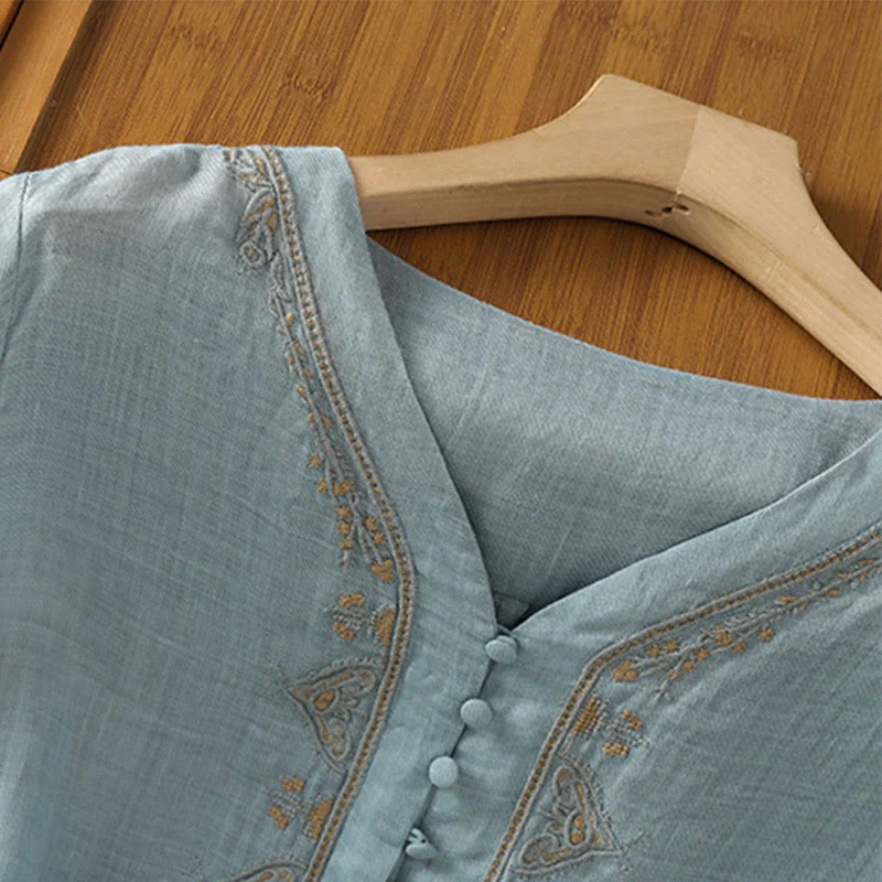 Camicia da donna con scollo a V, manica corta, monopetto, in poliestere, con bottoni e ricamo casual Buddha Stones - Image 7