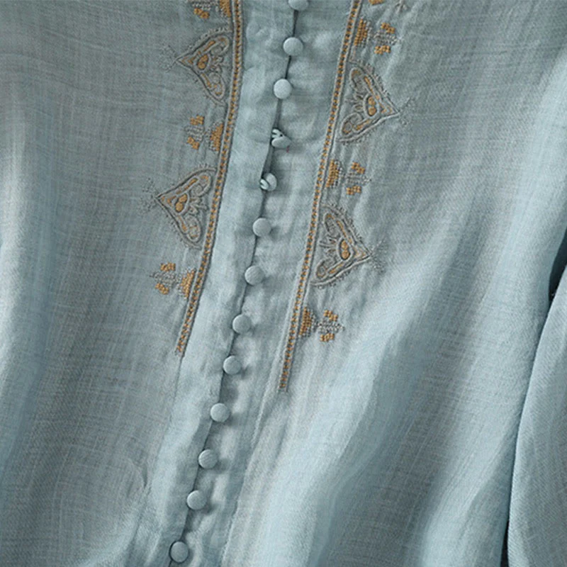 Camicia da donna con scollo a V, manica corta, monopetto, in poliestere, con bottoni e ricamo casual Buddha Stones - Image 9