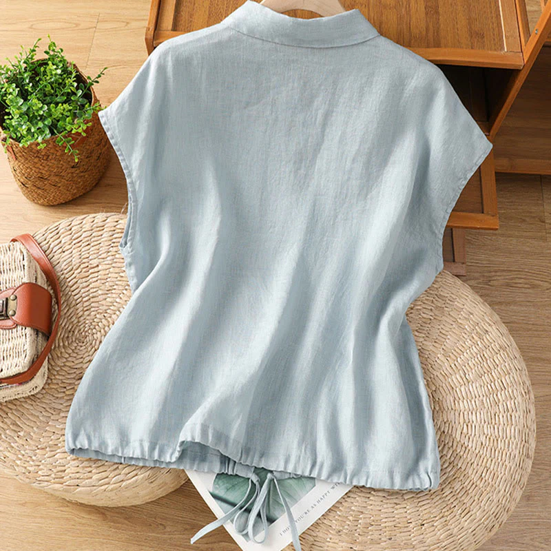Camicia da donna in cotone a maniche corte con bottoni, tinta unita, estate, motivo Buddha Stones - Image 4