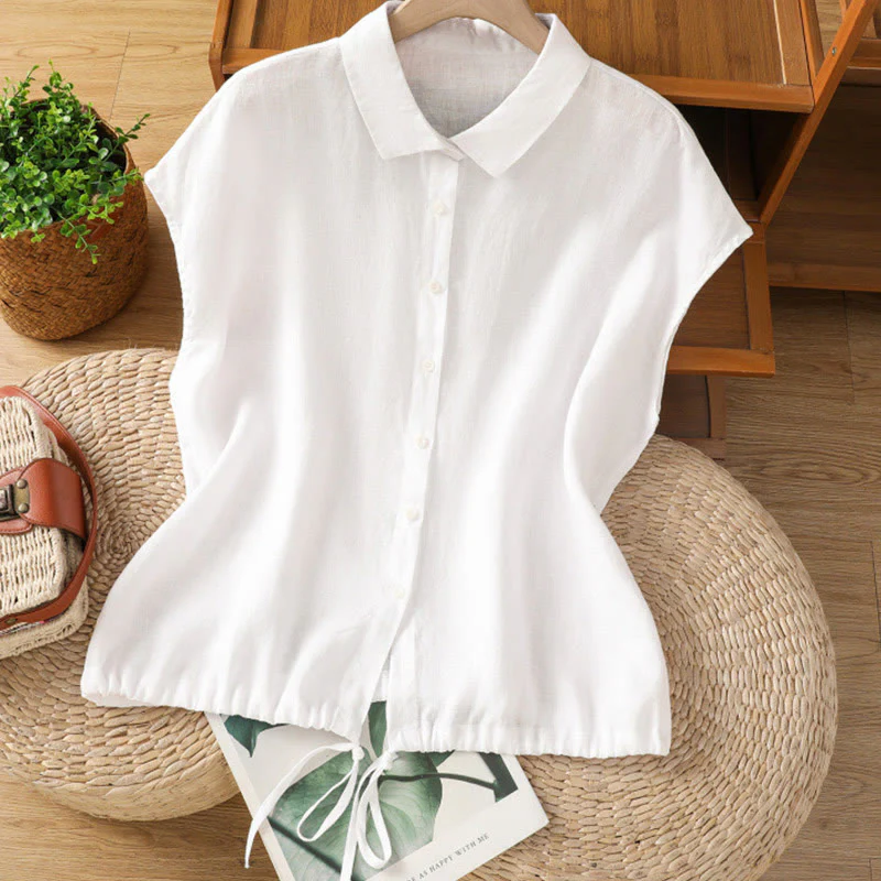 Camicia da donna in cotone a maniche corte con bottoni, tinta unita, estate, motivo Buddha Stones - Image 9