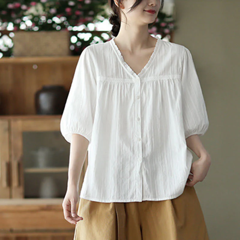 Camicia da donna in cotone a maniche corte con scollo a V in pizzo bianco puro Buddha Stones - Image 10