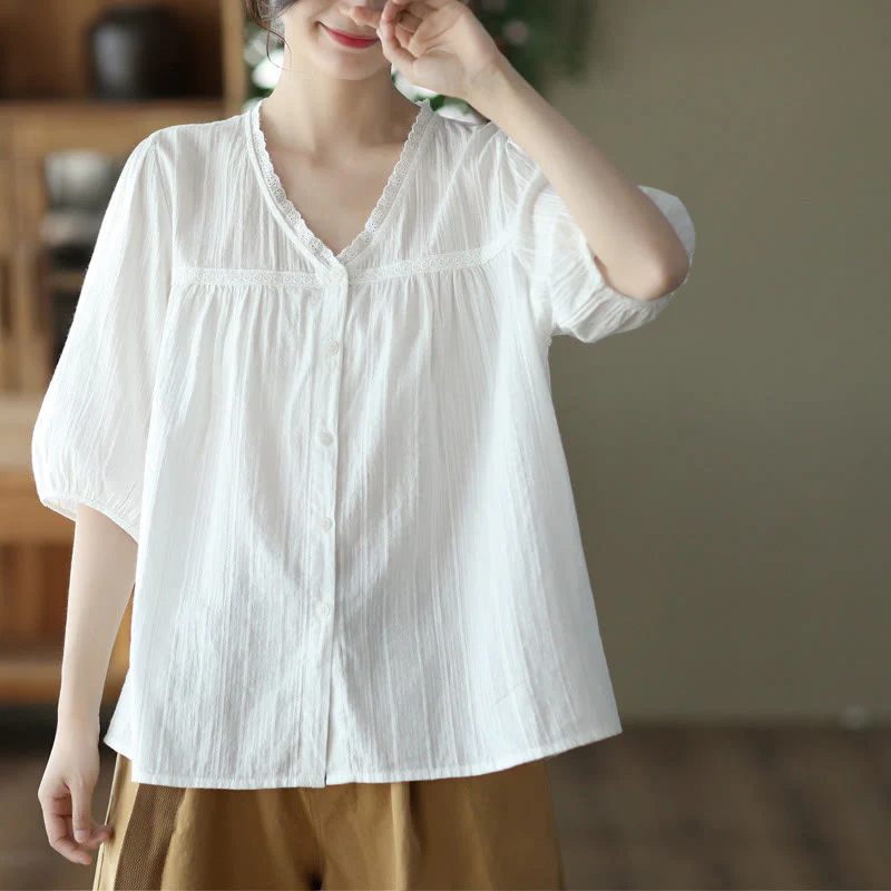 Camicia da donna in cotone a maniche corte con scollo a V in pizzo bianco puro Buddha Stones - Image 11