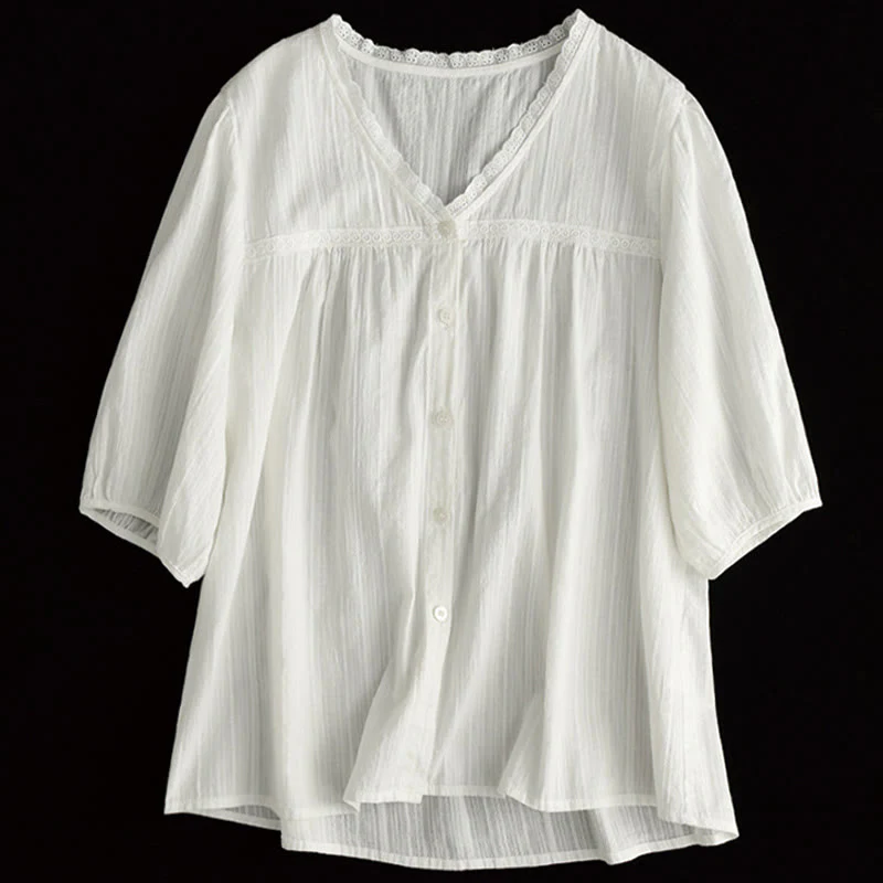 Camicia da donna in cotone a maniche corte con scollo a V in pizzo bianco puro Buddha Stones - Image 12