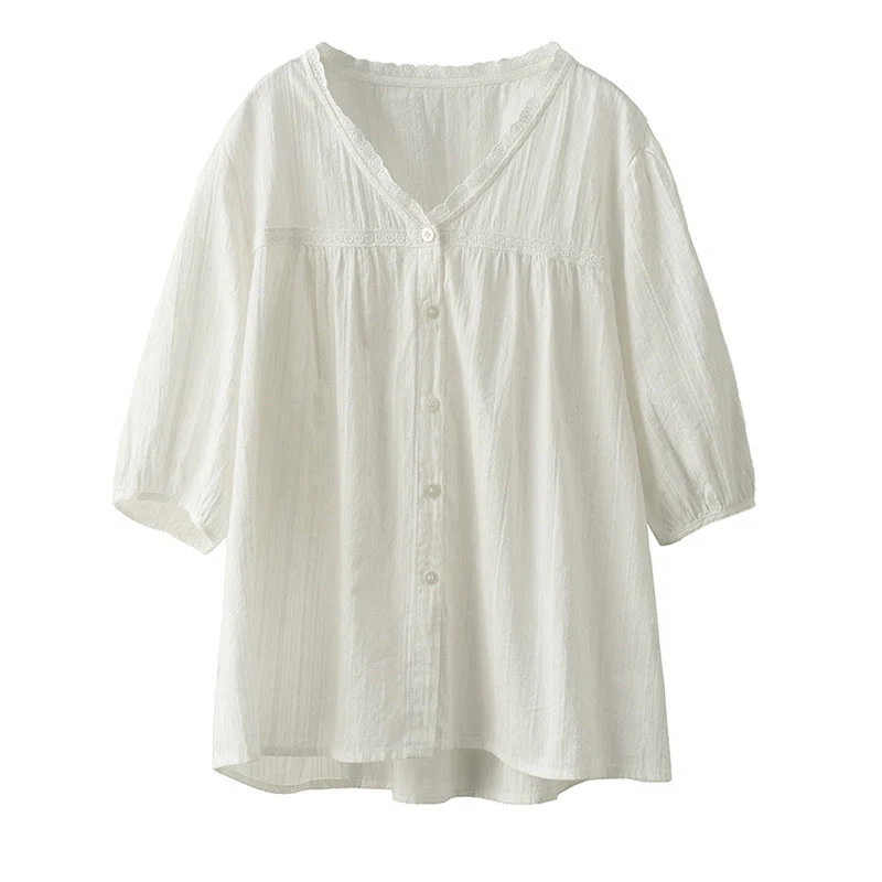 Camicia da donna in cotone a maniche corte con scollo a V in pizzo bianco puro Buddha Stones - Image 13