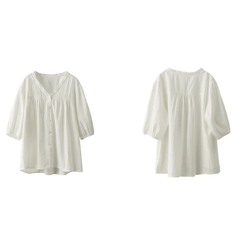 Camicia da donna in cotone a maniche corte con scollo a V in pizzo bianco puro Buddha Stones - Image 14
