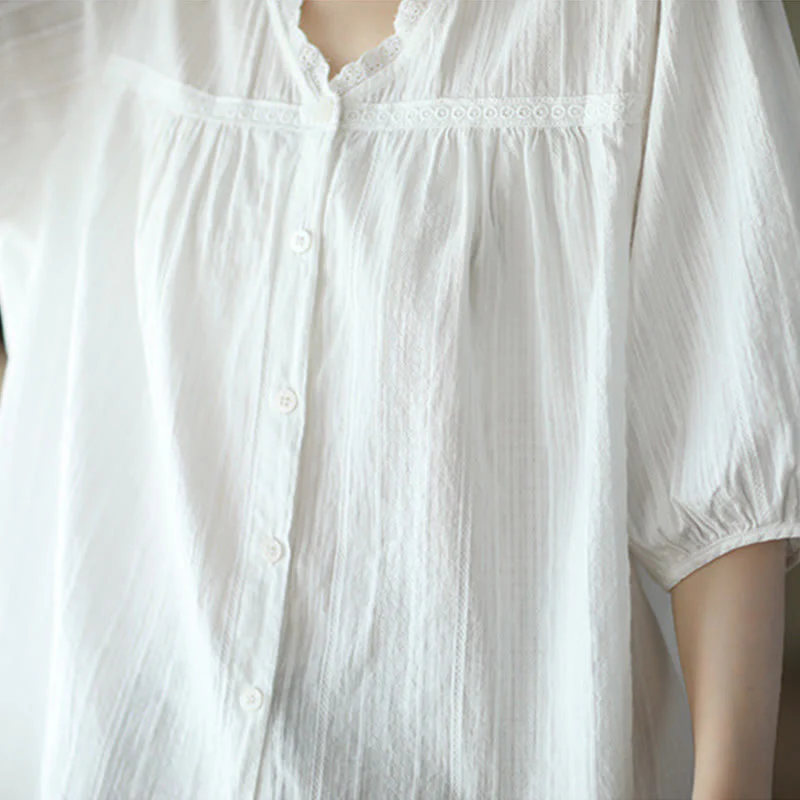 Camicia da donna in cotone a maniche corte con scollo a V in pizzo bianco puro Buddha Stones - Image 8