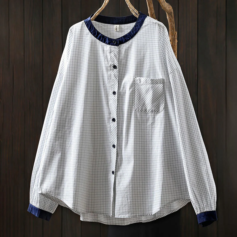 Camicia da donna in cotone a maniche lunghe con bottoni a contrasto e motivo a Buddha Stones - Image 6