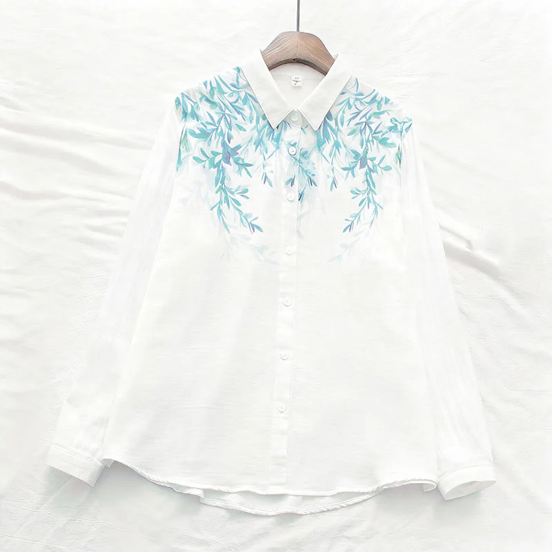 Camicia da donna in cotone a maniche lunghe con bottoni bianchi e verdi in stile Buddha Stones Fall - Image 2