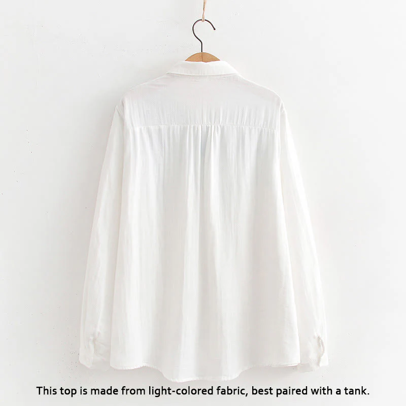 Camicia da donna in cotone a maniche lunghe con bottoni bianchi e verdi in stile Buddha Stones Fall - Image 3