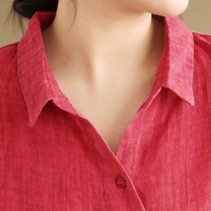 Camicia da donna in cotone a maniche lunghe con bottoni dal design irregolare Buddha Stones - Image 17