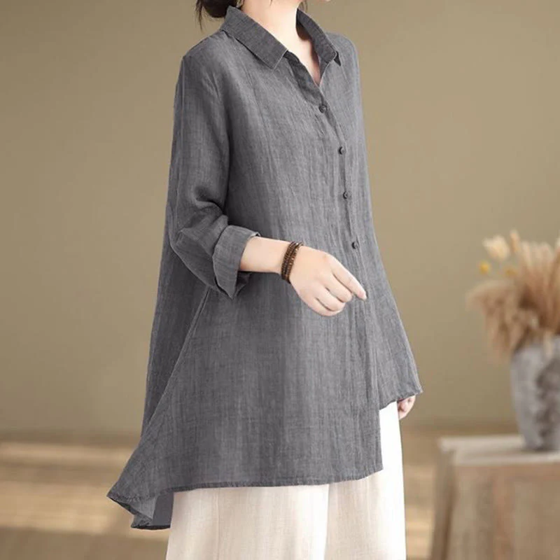 Camicia da donna in cotone a maniche lunghe con bottoni dal design irregolare Buddha Stones - Image 2