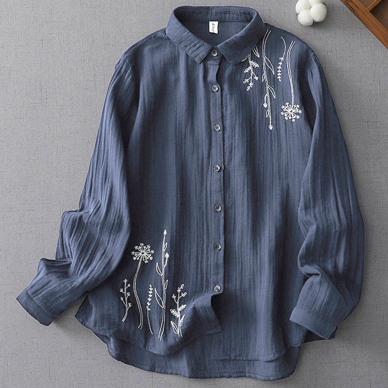 Camicia da donna in cotone a maniche lunghe con bottoni e fiori di tarassaco autunnali Buddha Stones - Image 5