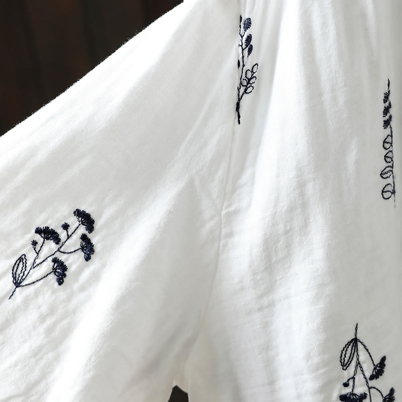 Camicia da donna in cotone a maniche lunghe con bottoni e ricamo floreale Buddha Stones - Image 13