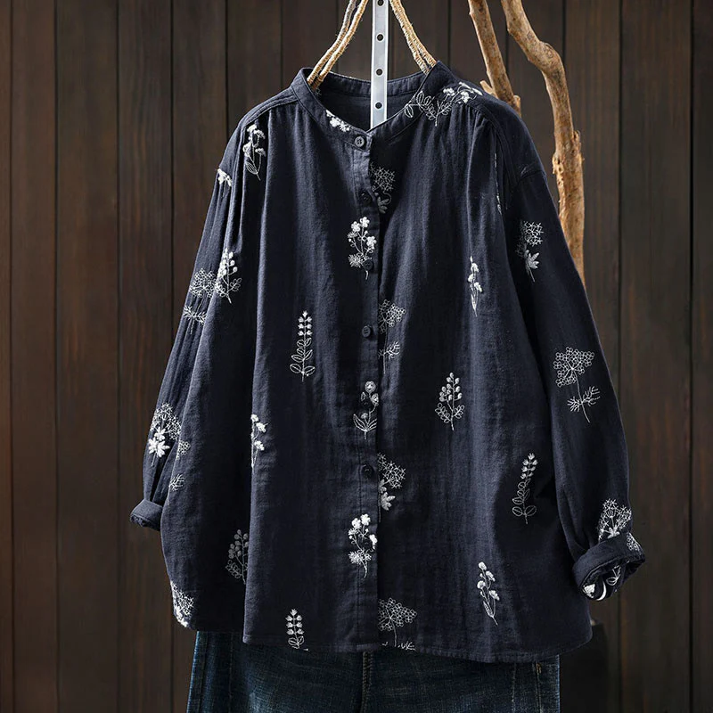 Camicia da donna in cotone a maniche lunghe con bottoni e ricamo floreale Buddha Stones - Image 15