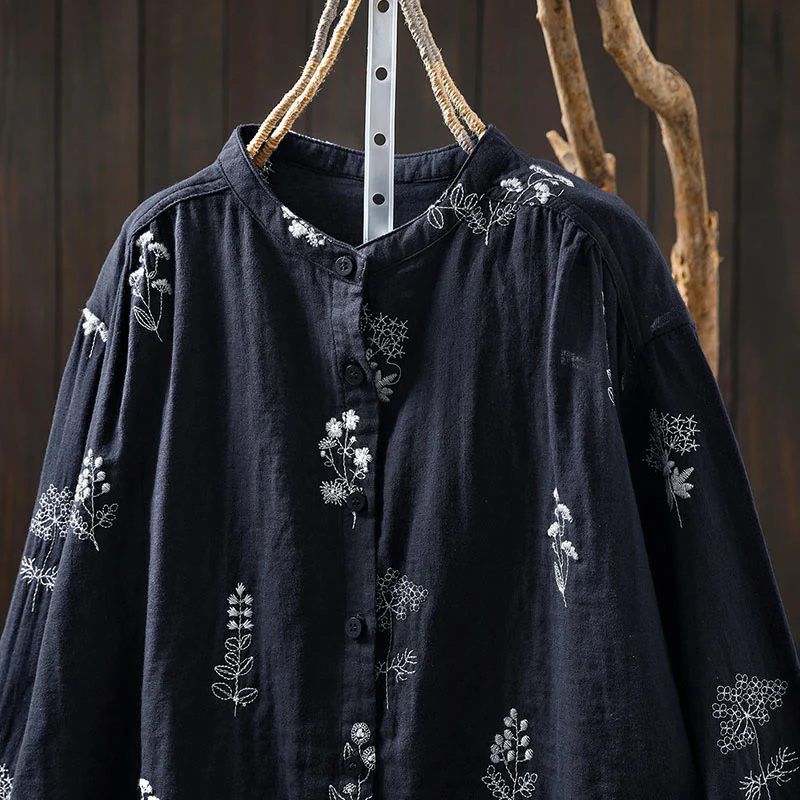 Camicia da donna in cotone a maniche lunghe con bottoni e ricamo floreale Buddha Stones - Image 16
