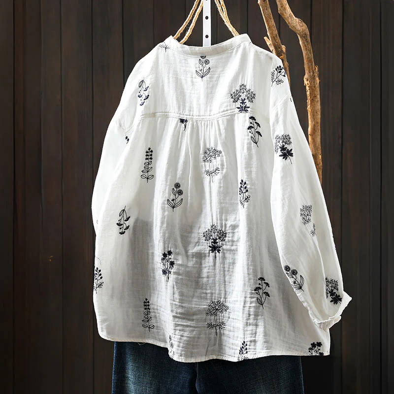 Camicia da donna in cotone a maniche lunghe con bottoni e ricamo floreale Buddha Stones - Image 2