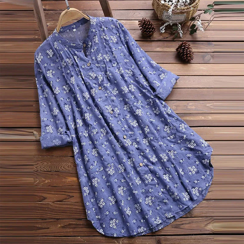 Camicia da donna in cotone a maniche lunghe con bottoni floreali Buddha Stones - Image 4
