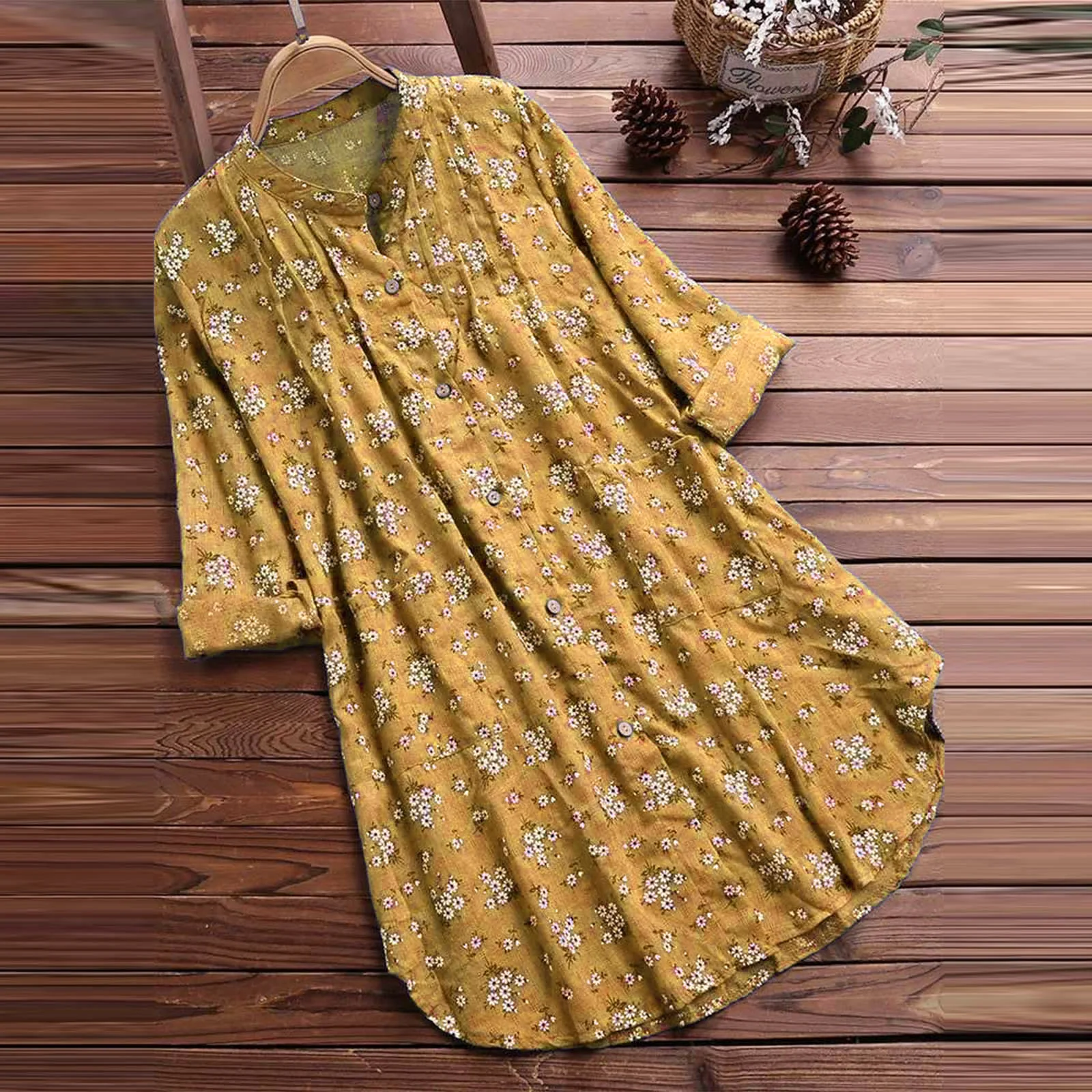 Camicia da donna in cotone a maniche lunghe con bottoni floreali Buddha Stones - Image 5