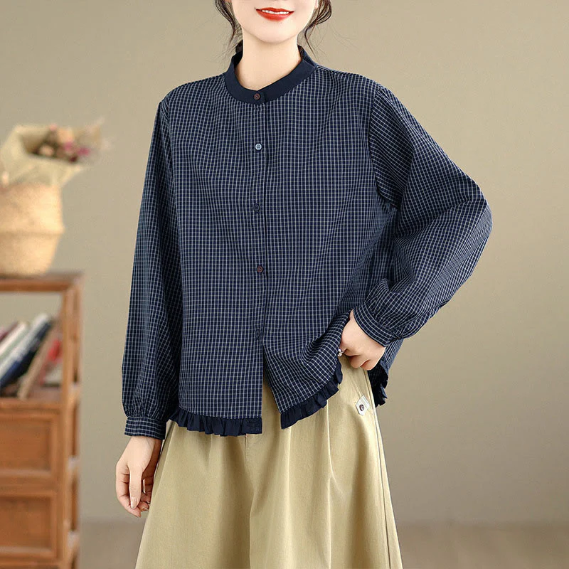 Camicia da donna in cotone a maniche lunghe con bottoni, motivo a quadri autunnali Buddha Stones, motivo a righe