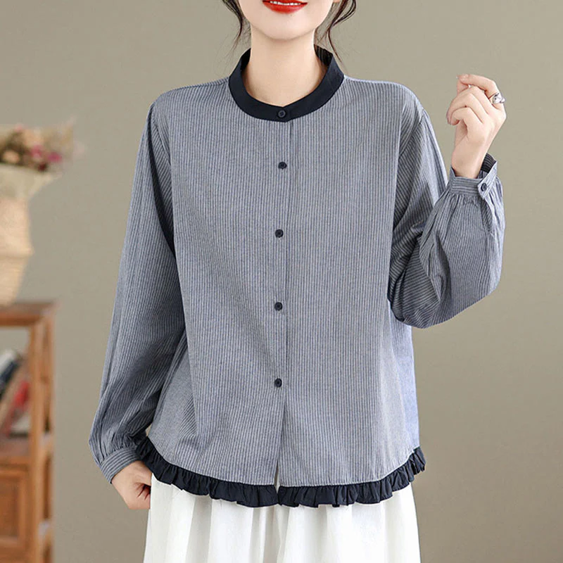 Camicia da donna in cotone a maniche lunghe con bottoni, motivo a quadri autunnali Buddha Stones, motivo a righe - Image 10