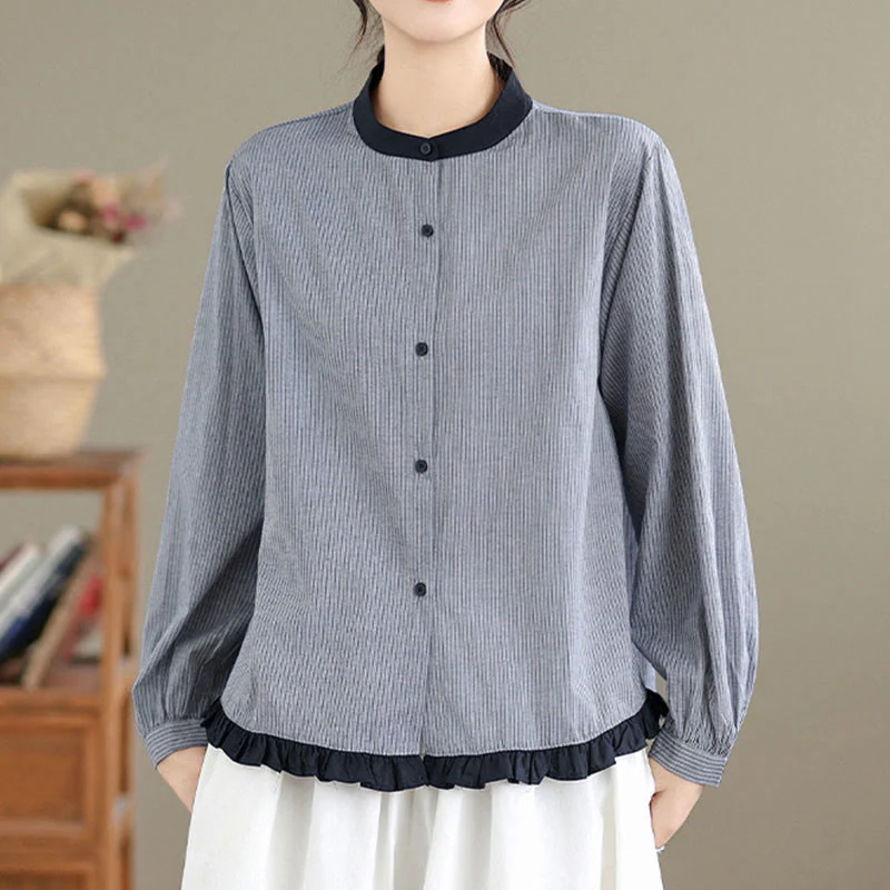 Camicia da donna in cotone a maniche lunghe con bottoni, motivo a quadri autunnali Buddha Stones, motivo a righe - Image 11