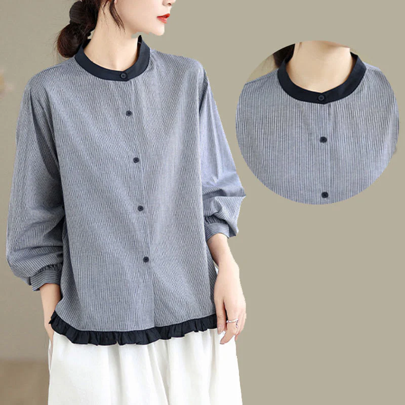 Camicia da donna in cotone a maniche lunghe con bottoni, motivo a quadri autunnali Buddha Stones, motivo a righe - Image 14
