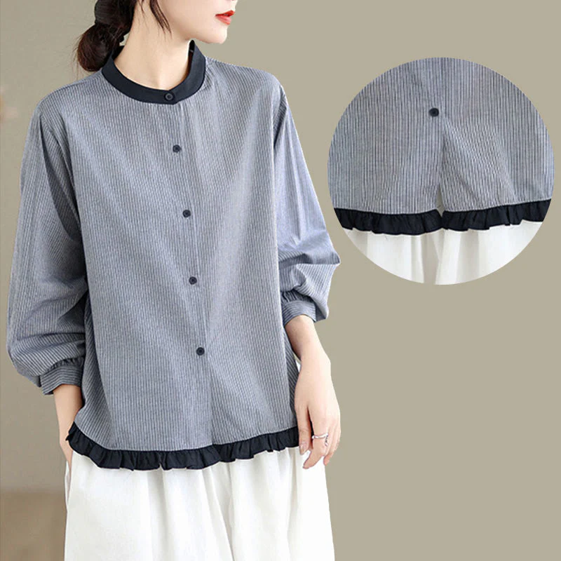 Camicia da donna in cotone a maniche lunghe con bottoni, motivo a quadri autunnali Buddha Stones, motivo a righe - Image 16