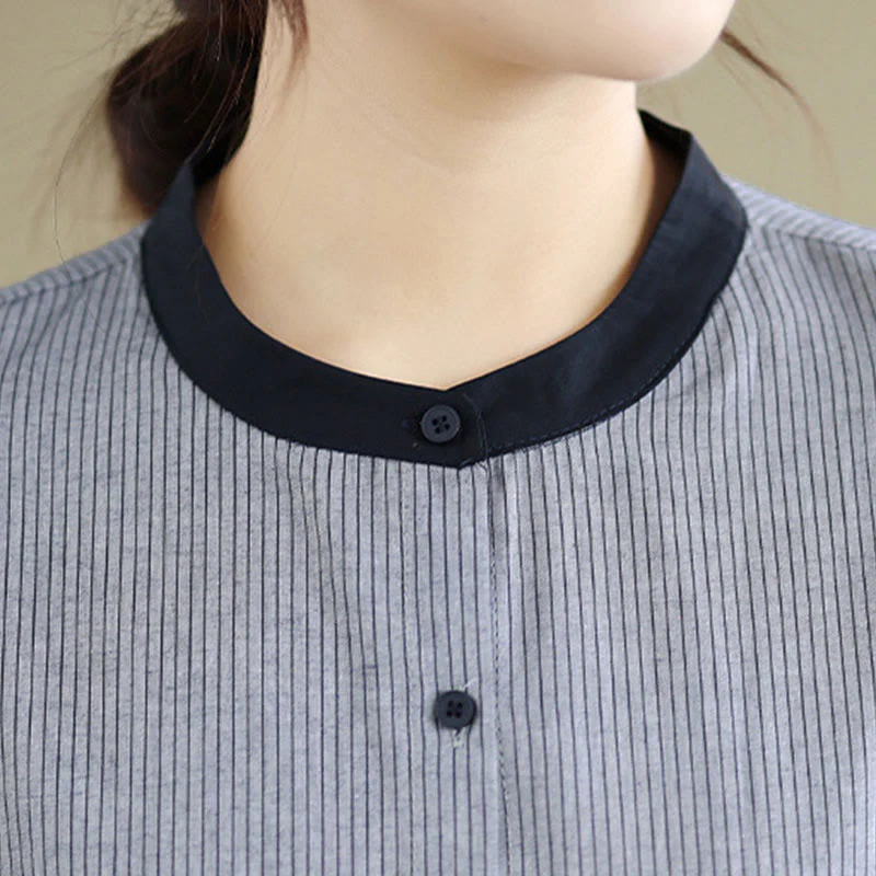 Camicia da donna in cotone a maniche lunghe con bottoni, motivo a quadri autunnali Buddha Stones, motivo a righe - Image 17