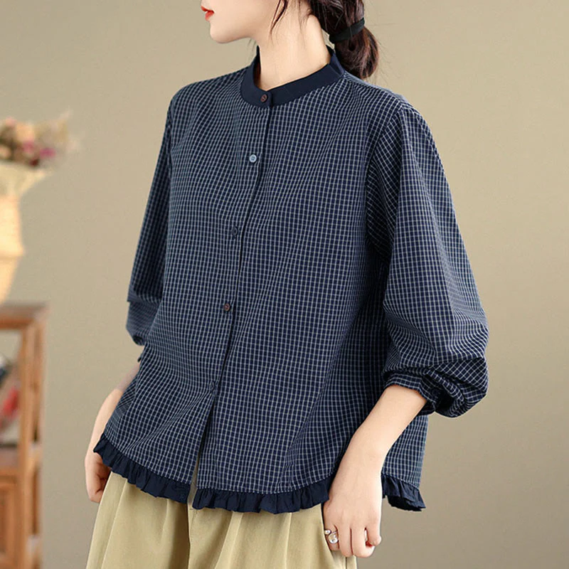 Camicia da donna in cotone a maniche lunghe con bottoni, motivo a quadri autunnali Buddha Stones, motivo a righe - Image 2