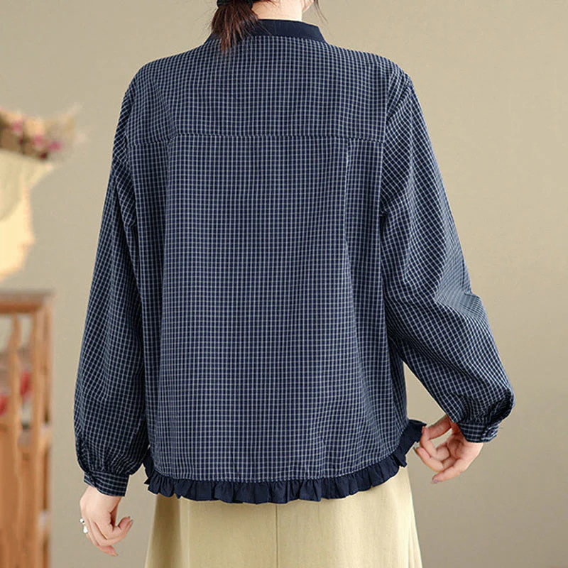 Camicia da donna in cotone a maniche lunghe con bottoni, motivo a quadri autunnali Buddha Stones, motivo a righe - Image 5