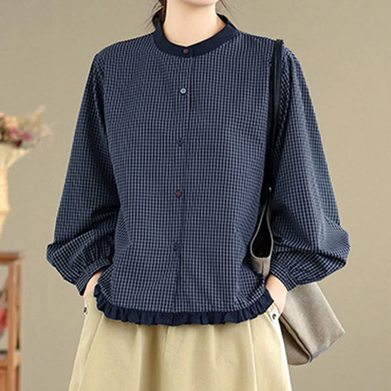 Camicia da donna in cotone a maniche lunghe con bottoni, motivo a quadri autunnali Buddha Stones, motivo a righe - Image 6