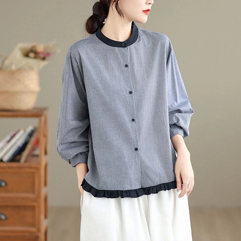 Camicia da donna in cotone a maniche lunghe con bottoni, motivo a quadri autunnali Buddha Stones, motivo a righe - Image 8