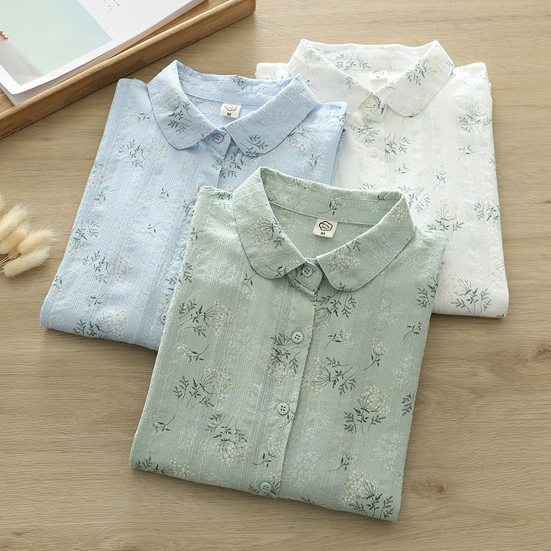 Camicia da donna in cotone a maniche lunghe con bottoni, motivo Buddha Stones Fall, fiori bianchi e gialli, foglie verdi