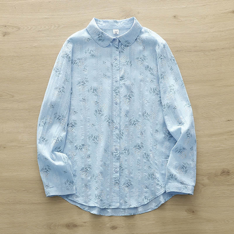 Camicia da donna in cotone a maniche lunghe con bottoni, motivo Buddha Stones Fall, fiori bianchi e gialli, foglie verdi - Image 13