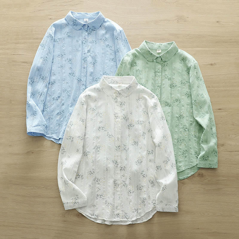 Camicia da donna in cotone a maniche lunghe con bottoni, motivo Buddha Stones Fall, fiori bianchi e gialli, foglie verdi - Image 14