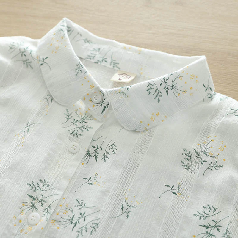 Camicia da donna in cotone a maniche lunghe con bottoni, motivo Buddha Stones Fall, fiori bianchi e gialli, foglie verdi - Image 4