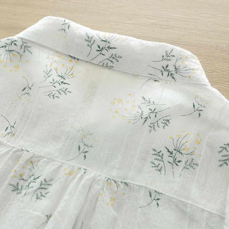 Camicia da donna in cotone a maniche lunghe con bottoni, motivo Buddha Stones Fall, fiori bianchi e gialli, foglie verdi - Image 5