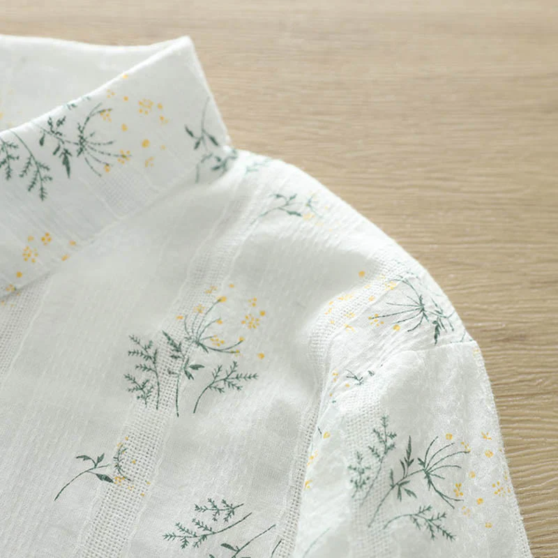 Camicia da donna in cotone a maniche lunghe con bottoni, motivo Buddha Stones Fall, fiori bianchi e gialli, foglie verdi - Image 6