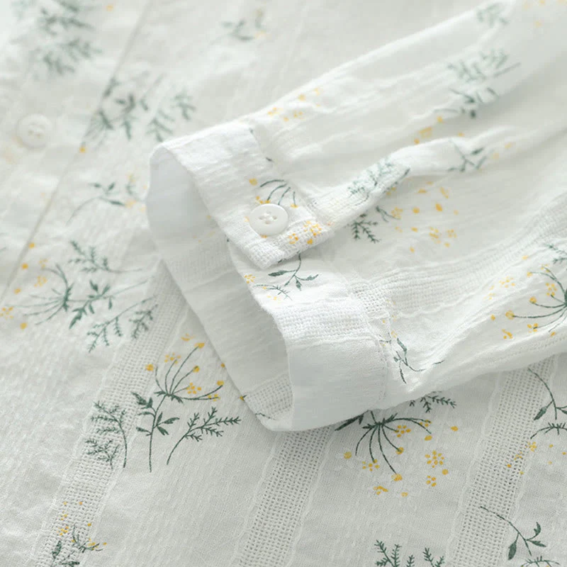 Camicia da donna in cotone a maniche lunghe con bottoni, motivo Buddha Stones Fall, fiori bianchi e gialli, foglie verdi - Image 8