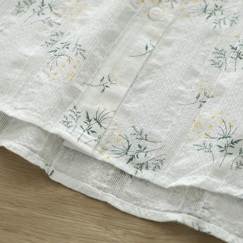 Camicia da donna in cotone a maniche lunghe con bottoni, motivo Buddha Stones Fall, fiori bianchi e gialli, foglie verdi - Image 9
