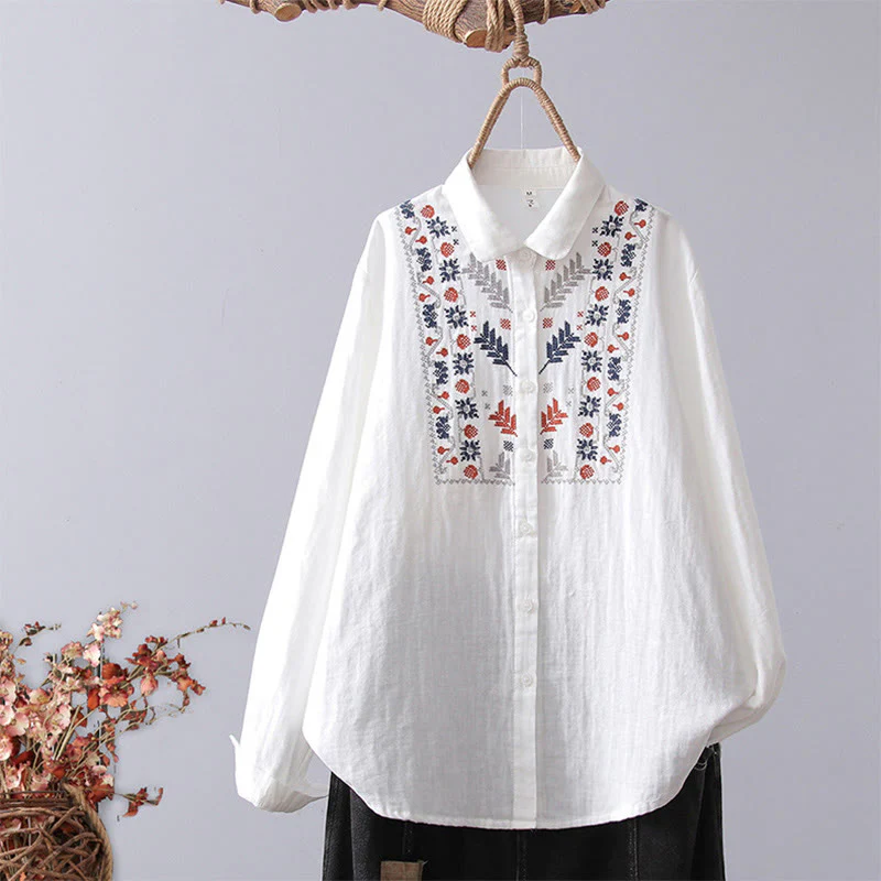 Camicia da donna in cotone a maniche lunghe con bottoni, motivo floreale a righe geometriche bianche, motivo Buddha Stones Fall