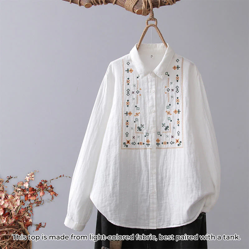 Camicia da donna in cotone a maniche lunghe con bottoni, motivo floreale a righe geometriche bianche, motivo Buddha Stones Fall - Image 10