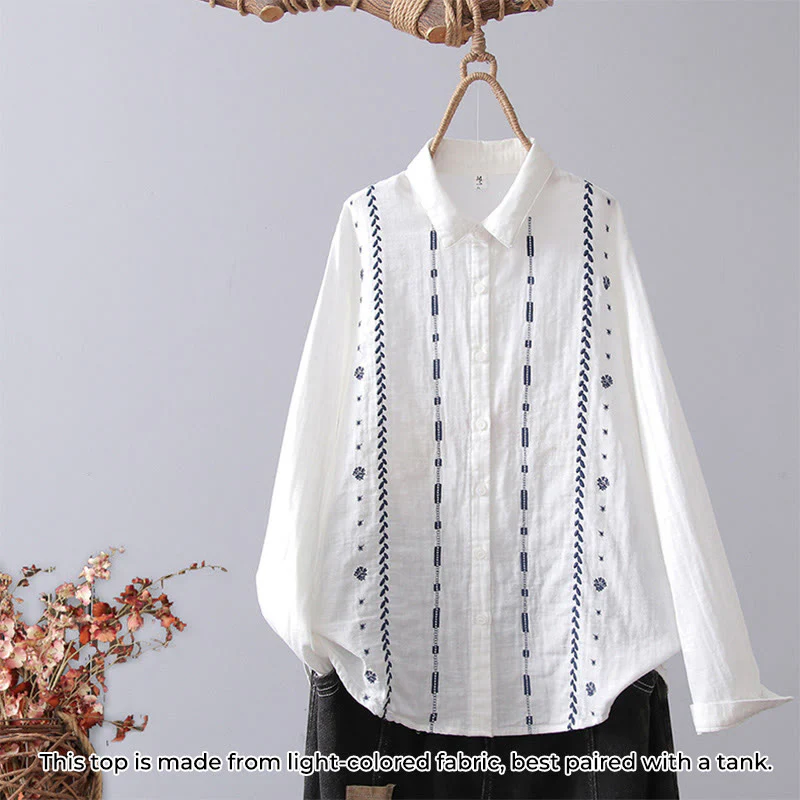 Camicia da donna in cotone a maniche lunghe con bottoni, motivo floreale a righe geometriche bianche, motivo Buddha Stones Fall - Image 11