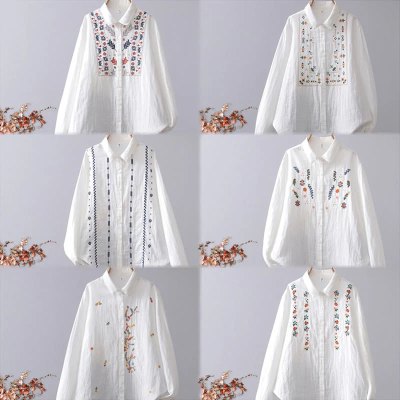 Camicia da donna in cotone a maniche lunghe con bottoni, motivo floreale a righe geometriche bianche, motivo Buddha Stones Fall - Image 16