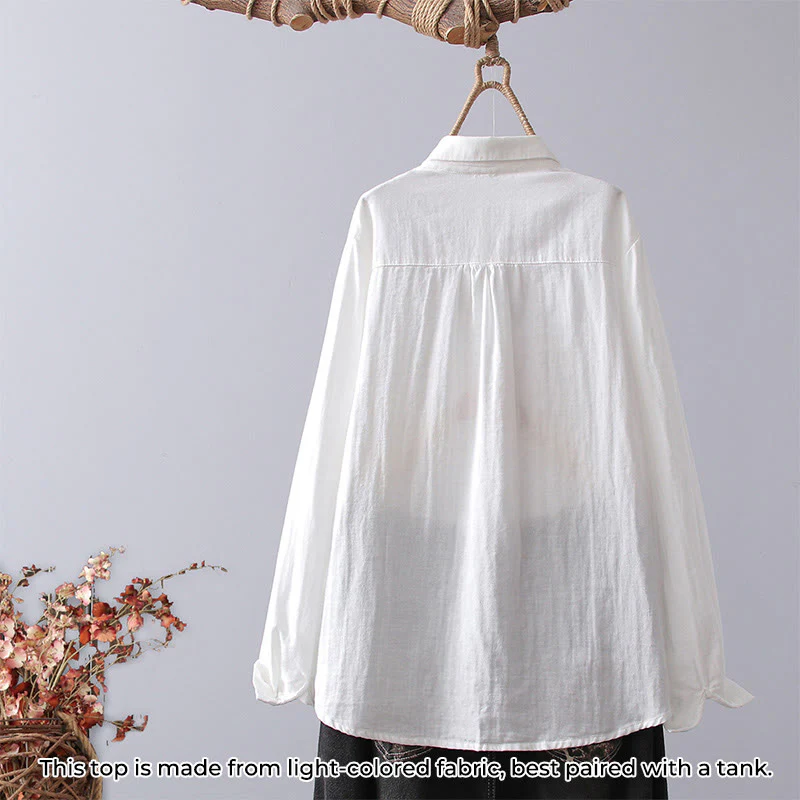 Camicia da donna in cotone a maniche lunghe con bottoni, motivo floreale a righe geometriche bianche, motivo Buddha Stones Fall - Image 2
