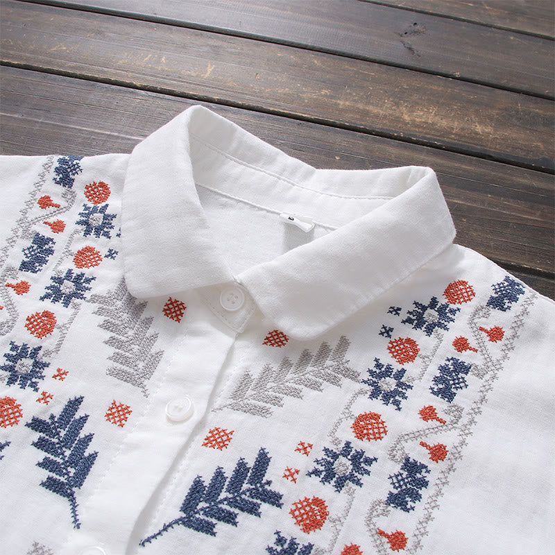 Camicia da donna in cotone a maniche lunghe con bottoni, motivo floreale a righe geometriche bianche, motivo Buddha Stones Fall - Image 3